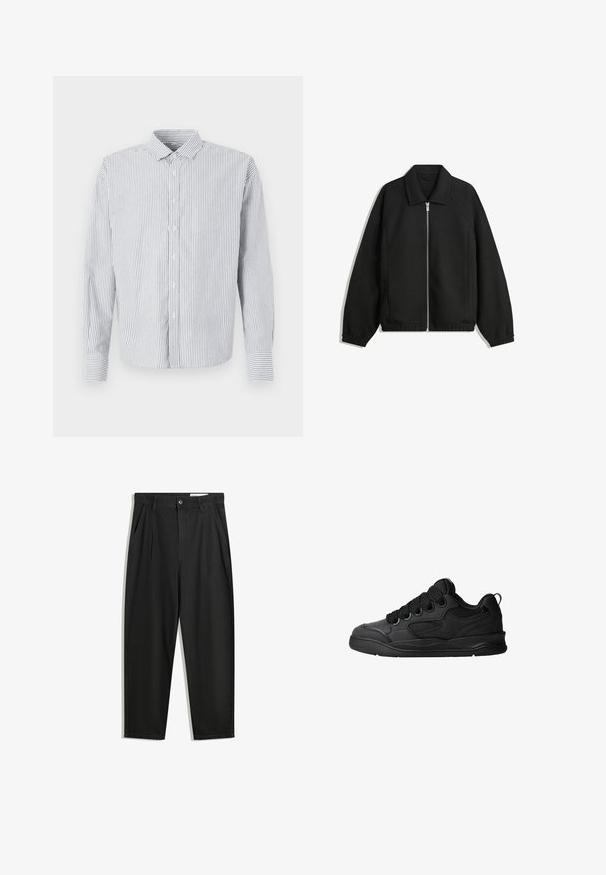 Zwarte jas van textuurstof, met een volledige rits aan de voorkant, een kraag, elastische manchetten, een ontspannen pasvorm en zijzakken.; Gestreept overhemd met kraag, lange mouwen en een rechte pasvorm. Kleuren zijn wit en tinten blauw.; Zwarte katoenen broeken met een losse pasvorm, voorzien van een klassieke tailleband, voorplooien en zijzakken. Gladde structuur zonder patronen.; Zwarte sneakers met een gestructureerde bovenkant, voorzien van veters, mesh-details voor ademend vermogen, een gevoerd kraagje en een stevige zool.