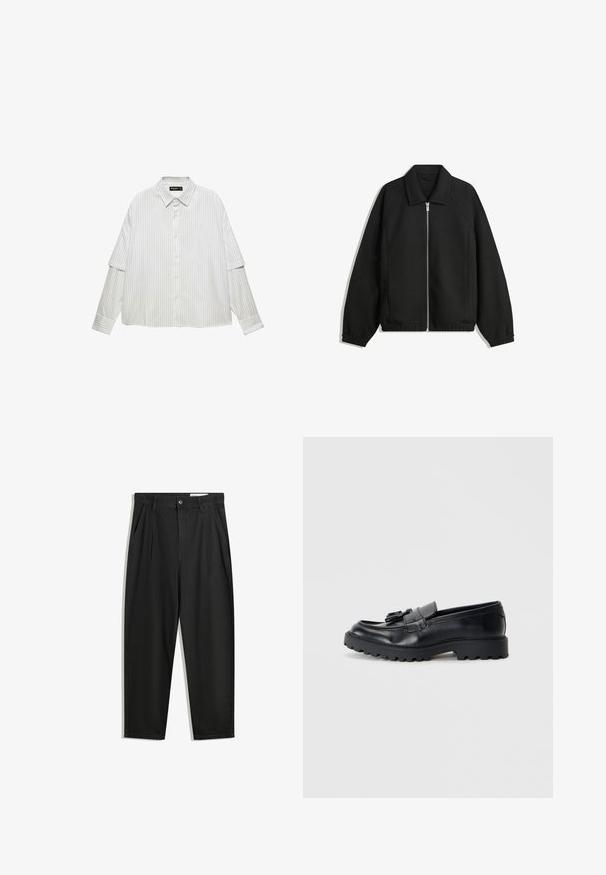 Schwarze Jacke aus strukturiertem Stoff, mit vollem Reißverschluss auf der Vorderseite, Kragen und elastischen Manschetten, im entspannten Schnitt und mit seitlichen Taschen.; Weißes Hemd mit vertikalen grauen Streifen. Verfügt über einen klassischen Kragen, einen lockeren Schnitt und lange Ärmel mit Manschettendetails.; Schwarze Baumwollhose mit lockerem Schnitt, ausgestattet mit einem klassischen Bund, vorderen Falten und Seiten taschen. Glatte Textur ohne Muster.; Schwarze Lederloafers mit glanzendem Finish, klobiger Gummisohle und dekorativem Quastendetail auf der Vorderseite.