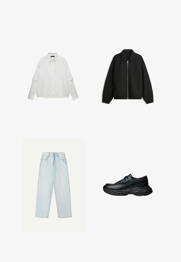 Sort jakke lavet af struktureret stof, med fuld frontlynlås, krave og elastiske mansjetter, i en afslappet pasform og sidelommer.; Hvid skjorte med lodrette grå striber. Har en klassisk krave, løs pasform og lange ærmer med manchetter.; Lys blå denim jeans med en afslappet pasform, lige ben design, fem-lomme stil og subtil falmning på stoffet.; Sorte læder slip-on sko med rund tå og tykk tekstureret gummisål. Har diskret syninger og elastiske detaljer ved kraven.