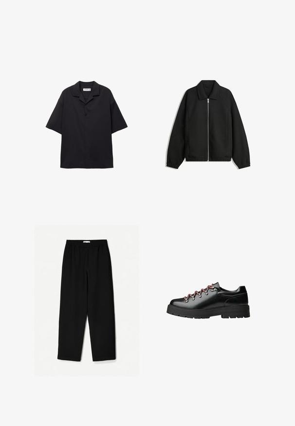 Czarna kurtka z teksturowanej tkaniny, z pełnym zamkiem z przodu, kołnierzem i elastycznymi mankietami, o luźnym kroju i kieszeniach po bokach.; Czarna koszula z krótkim rękawem, zapinana na guziki, wykonana z gładkiego materiału, z wywiniętym kołnierzykiem i luźnym krojem. Posiada pięć guzików z przodu i brak wzorów.; Czarne, szerokie spodnie wykonane z lekkiego materiału. Posiadają elastyczny pasek w talii oraz gładką teksturę. Brak widocznych wzorów czy elementów metalowych.; Czarne skórzane buty trekkingowe z czerwono-białymi sznurówkami, dużymi oczkami i masywną, rowkowaną podeszwą zapewniającą przyczepność i stabilność.