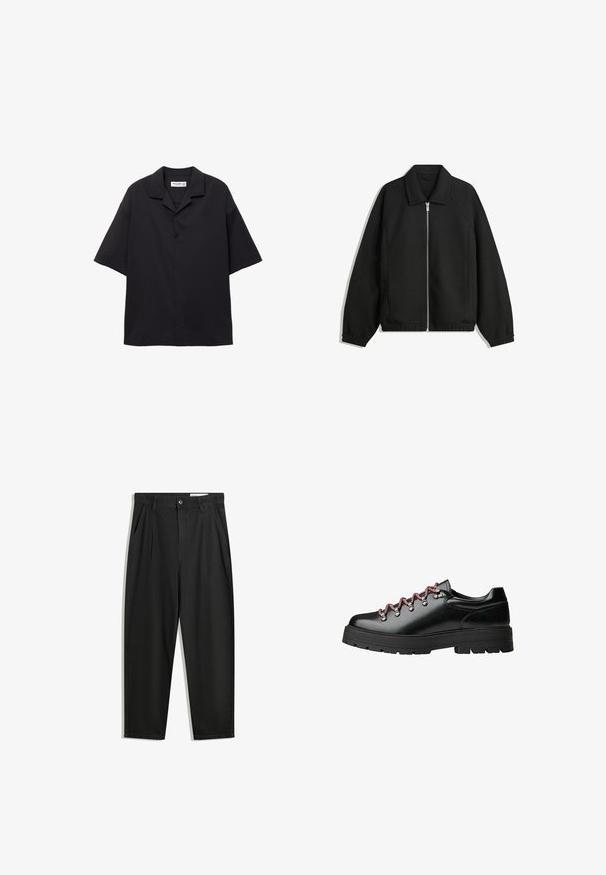 Zwarte jas van textuurstof, met een volledige rits aan de voorkant, een kraag, elastische manchetten, een ontspannen pasvorm en zijzakken.; Korte mouwen zwarte overhemd met knopen, gemaakt van een zachte stof, met een opgevouwen kraag en een ontspannen pasvorm. Voorzien van vijf knopen aan de voorkant en zonder patronen.; Zwarte katoenen broeken met een losse pasvorm, voorzien van een klassieke tailleband, voorplooien en zijzakken. Gladde structuur zonder patronen.; Zwarte leren wandelschoen met rode en witte veters, grote oogjes en een stevige, geribbelde zool voor grip en stabiliteit.