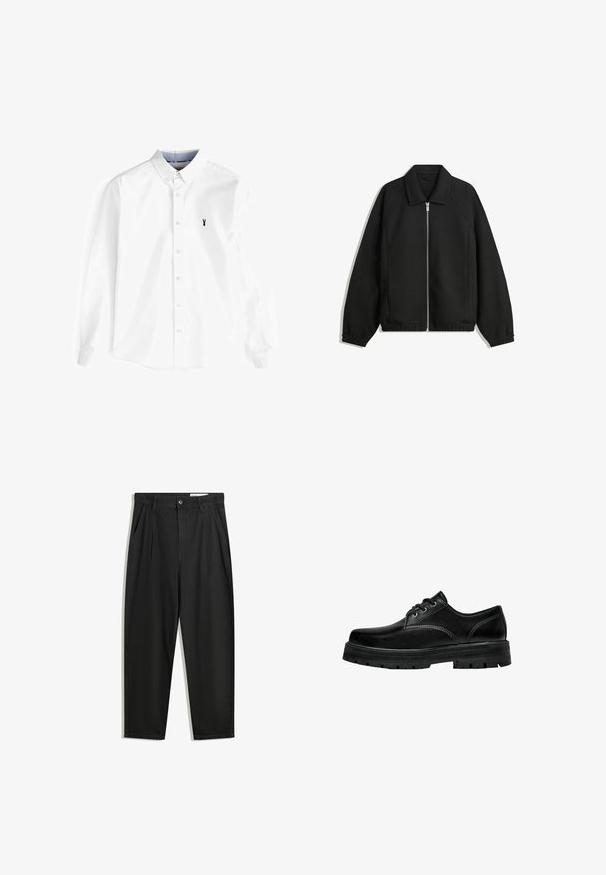 Sort jakke lavet af struktureret stof, med fuld frontlynlås, krave og elastiske mansjetter, i en afslappet pasform og sidelommer.; Hvid langærmet skjorte lavet af bomuld, med en knap-ned krave, frontplade med knapper og et lille marineblåt hummerlogo på brystet.; Sorte bomuldsbukser med en afslappet pasform, der har en klassisk talje, frontfolder og sidelommer. Glat tekstur uden mønstre.; Sorte lædersko med snøring, rund tå, tekstureret finish og tykk gummisål med dyb rillestruktur for godt greb.
