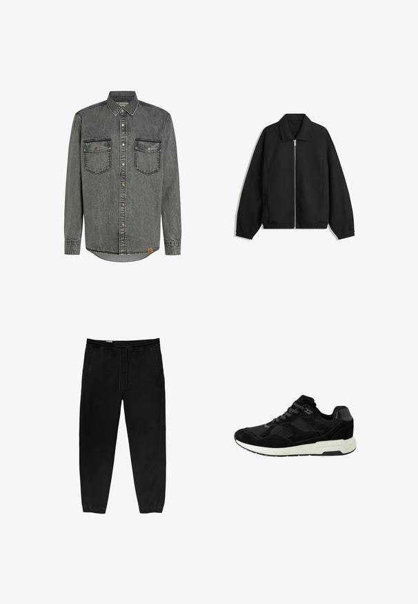 Černá bunda vyrobená z texturované látky, s plným předním zipem, límcem a elastickými manžetami, s volným střihem a bočními kapsami.; Šedá denimová košile s dlouhými rukávy, zapínáním na knoflíky, dvěma náprsními kapsami a kontrastním švem. Kulatý lem a štítek na boku.; Černé kalhoty s elastickým pasem a stahovací šňůrkou, se zúženými nohavicemi, bočními kapsami a jemnými detaily bočního šití. Měkká textilie z bavlny.; Černá sportovní obuv vyrobená z nubuku a síťoviny, se zaoblenou špičkou, šněrováním a bílou gumovou podrážkou s texturovanými detaily.