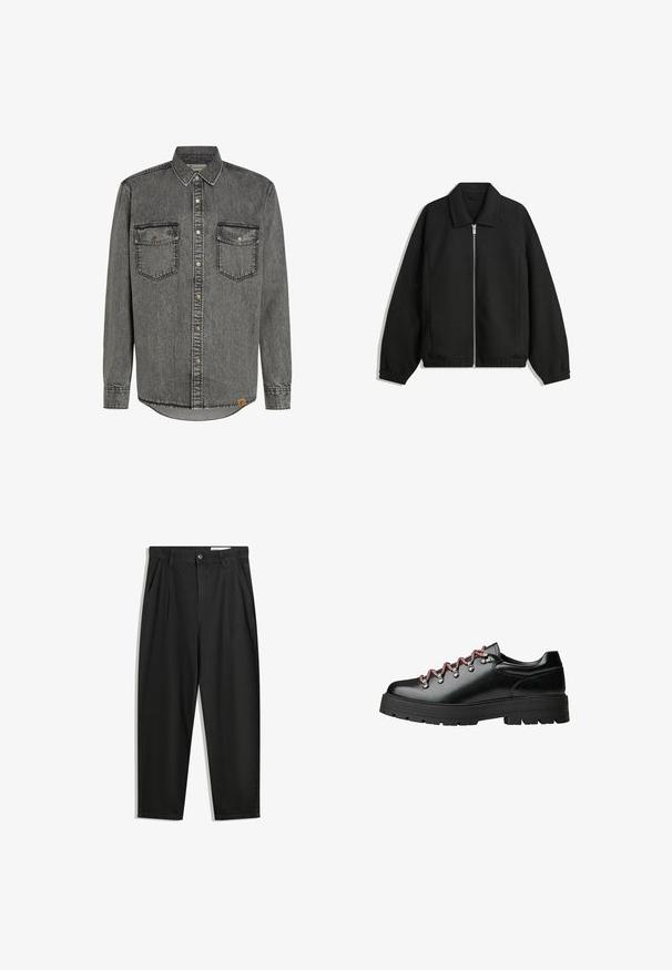 Zwarte jas van textuurstof, met een volledige rits aan de voorkant, een kraag, elastische manchetten, een ontspannen pasvorm en zijzakken.; Grijze denim shirt met lange mouwen, knoopsluiting, twee borstzakken en contrasterende stiksels. Ronde zoom en label aan de zijkant.; Zwarte katoenen broeken met een losse pasvorm, voorzien van een klassieke tailleband, voorplooien en zijzakken. Gladde structuur zonder patronen.; Zwarte leren wandelschoen met rode en witte veters, grote oogjes en een stevige, geribbelde zool voor grip en stabiliteit.
