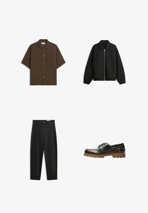 Črna jakna iz teksturirane tkanine, z dvostranskim zadrgo spredaj, ovratnikom in elastičnimi manšeti, sproščenega kroja in stranskimi žepi.; Kratka majica s kratkimi rokavi, temno rjave barve, izdelana iz teksturiranega materiala. Ima gumbno zapiranje in dve žepek na prsih. Prijeten slog z ohlapnim krojem.; Črne bombažne hlače s sproščenim krojem, ki vključujejo klasičen pas, sprednje gube in stranske žepke. Gladka tekstura brez vzorcev.; Rjave in zelene usnjene čolnarske čevlje s belim šivom, okroglicami in teksturirano gumijasto podplatko. Trajna izdelava z kovinskimi očesi.