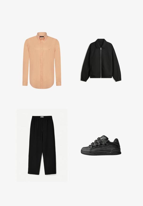 Zwarte jas van textuurstof, met een volledige rits aan de voorkant, een kraag, elastische manchetten, een ontspannen pasvorm en zijzakken.; Felix Hardy Overhemd - salmon; Zwarte, wijde broek van een lichtgewicht stof. Voorzien van een elastische tailleband en een soepele textuur. Geen zichtbare patronen of hardware.; Zwarte sneakers met een glad leren bovenwerk, gearceerde accenten en ronde zwart-witte veters. Dikke rubberen zool met een geprofileerd loopvlak.