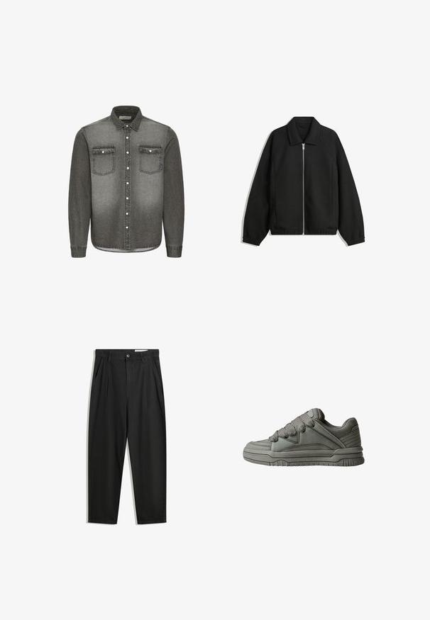 Jachetă neagră dintr-un material texturat, cu fermoar frontal complet, guler și manșete elastice, având o croială lejeră și buzunare laterale.; Cămașă din denim gri, cu guler căptușit, mâneci lungi, două buzunare pe piept și accente din metal argintiu. Design degradat estompat.; Pantaloni negri din bumbac cu croială lejeră, având un brâu clasic, plii frontale și buzunare laterale. Textură netedă fără modele.; Pantof de sport gri, cu un superior din piele texturată și plasă, talpă groasă din cauciuc și un limbaj proeminent, căptușit pe părțile laterale. Include șireturi și accente laterale.