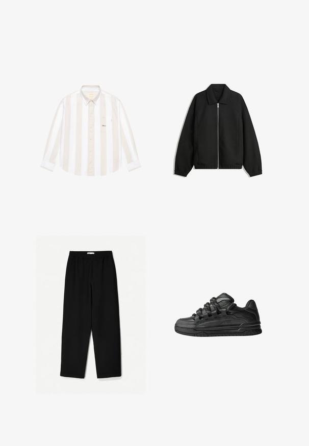 Veste noire en tissu texturé, dotée d'une fermeture éclair sur toute la longueur, d'un col et de poignets élastiques avec une coupe décontractée et des poches latérales.; Chemise à manches longues en beige et blanc à rayures verticales, en tissu coton, avec col boutonné, une poche poitrine unique avec logo brodé.; Pantalons noirs à jambe large en tissu léger. Dotés d'une taille élastique et d'une texture lisse. Aucun motif visible ni pièce métallique.; Baskets noires avec une tige en cuir lisse, des accents texturés et des lacets ronds noir et blanc. Semelle en caoutchouc épaisse avec un motif de semelle.