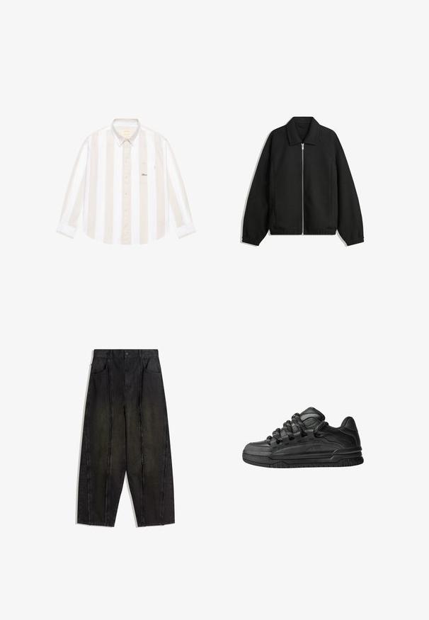 Veste noire en tissu texturé, dotée d'une fermeture éclair sur toute la longueur, d'un col et de poignets élastiques avec une coupe décontractée et des poches latérales.; Chemise à manches longues en beige et blanc à rayures verticales, en tissu coton, avec col boutonné, une poche poitrine unique avec logo brodé.; Pantalon en denim noir à pattes larges avec des coutures visibles et des bords effilochés, doté de deux poches avant et d'une taille haute.; Baskets noires avec une tige en cuir lisse, des accents texturés et des lacets ronds noir et blanc. Semelle en caoutchouc épaisse avec un motif de semelle.