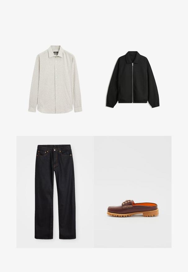 Giacca nera in tessuto texturizzato, con zip frontale a tutta lunghezza, colletto e polsini elasticizzati, dalla vestibilità rilassata e con tasche laterali.; Camicia abbottonata in un leggero motivo a quadretti verdi, realizzata in misto cotone. Presenta un colletto classico e maniche lunghe, con un orlo dritto.; Jeans neri in denim dritto da uomo con cinque tasche e cuciture arancioni, chiusura con bottone e zip sulla vita anteriore.; Scarpa slip-on in pelle marrone con punta arrotondata, dettagli di cucitura testurizzata, occhielli dorati e suola esterna rigata color beige. L'interno è di un vivace arancione.