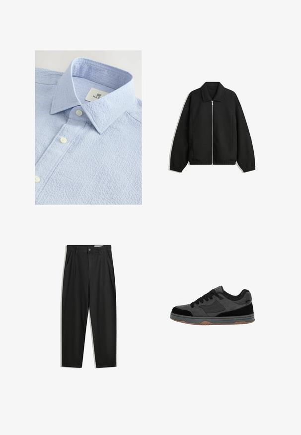 Zwarte jas van textuurstof, met een volledige rits aan de voorkant, een kraag, elastische manchetten, een ontspannen pasvorm en zijzakken.; Lichtblauw gestructureerd shirt met een button-down kraag, voorzien van twee witte knopen en een label met de merknaam aan de binnenkant van de kraag.; Zwarte katoenen broeken met een losse pasvorm, voorzien van een klassieke tailleband, voorplooien en zijzakken. Gladde structuur zonder patronen.; Zwarte en donkergrijze lage sneaker met zwarte veters, bovenwerk van suede en mesh, en een gumrubberen zool, gezien vanaf de zijkant.