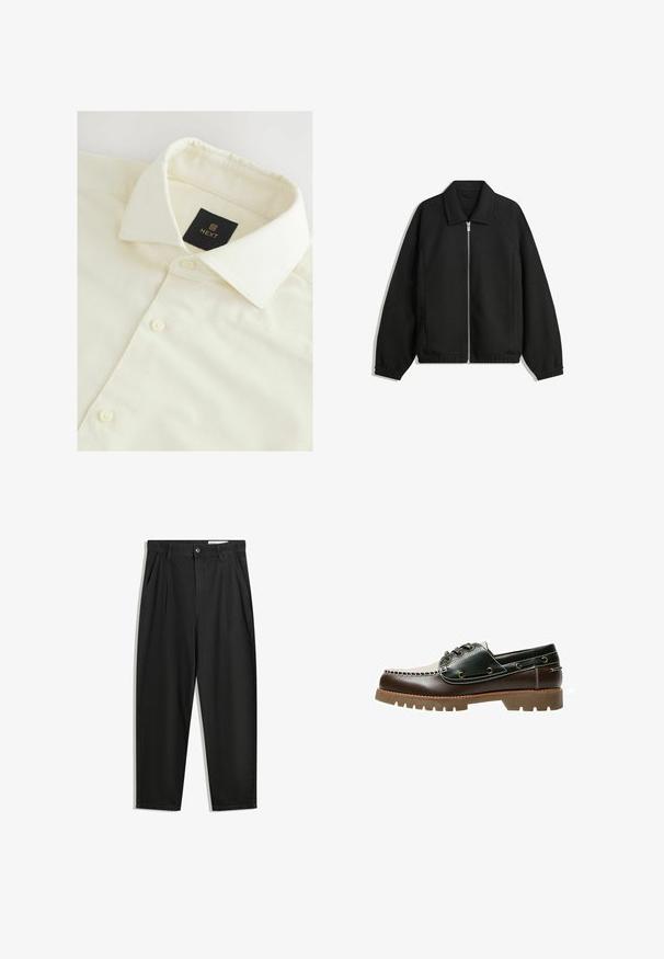 Zwarte jas van textuurstof, met een volledige rits aan de voorkant, een kraag, elastische manchetten, een ontspannen pasvorm en zijzakken.; Crème-kleurige shirt met kraag van textuurstof, met een zwarte "NEXT"-label en witte knopen langs de voorflap.; Zwarte katoenen broeken met een losse pasvorm, voorzien van een klassieke tailleband, voorplooien en zijzakken. Gladde structuur zonder patronen.; Bruine en groene leren bootschoen met een witte gestikte design, ronde veters en een gestructureerde rubberen zool. Duurzame constructie met metalen veteroogjes.