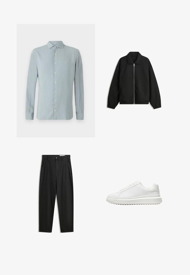 Zwarte jas van textuurstof, met een volledige rits aan de voorkant, een kraag, elastische manchetten, een ontspannen pasvorm en zijzakken.; Lichtblauw langemouwen shirt gemaakt van zachte stof. Beschikt over een puntkraag, knoopsluiting aan de voorkant en een klein geborduurd logo op de borst.; Zwarte katoenen broeken met een losse pasvorm, voorzien van een klassieke tailleband, voorplooien en zijzakken. Gladde structuur zonder patronen.; Witte sneaker met een glad synthetisch bovenwerk, ronde neus, platte veters, gestructureerde zool en een gelaagd, platformontwerp voor extra hoogte.