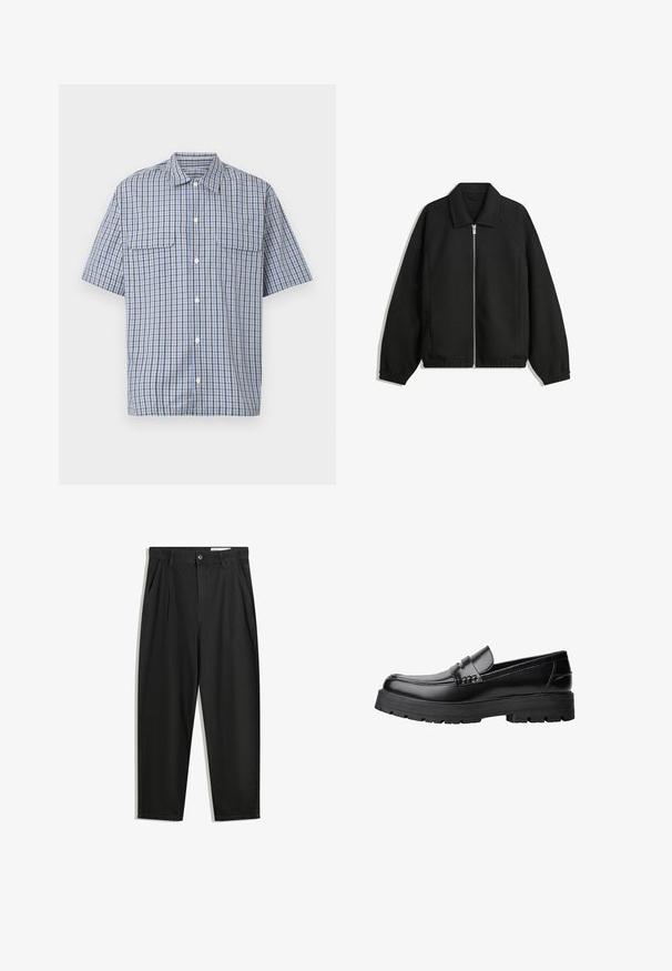 Czarna kurtka z teksturowanej tkaniny, z pełnym zamkiem z przodu, kołnierzem i elastycznymi mankietami, o luźnym kroju i kieszeniach po bokach.; Koszula na krótki rękaw zapinana na guziki w niebiesko-biało-czarną kratę z dwoma kieszeniami na klatce piersiowej na białym tle.; Czarne bawełniane spodnie o luźnym kroju, z klasycznym pasem, przednimi plisy oraz bocznymi kieszeniami. Gładka struktura, bez wzorów.; Czarne skórzane mokasyny z grubą, bieżnikowaną podeszwą i dekoracyjnym paskiem na górze, pokazane w lewym profilu na białym tle.