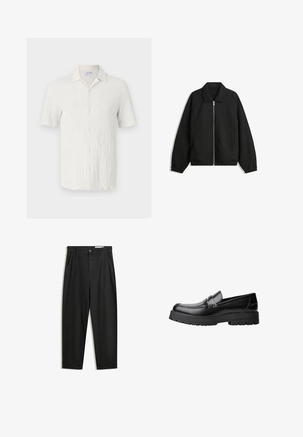 Schwarze Jacke aus strukturiertem Stoff, mit vollem Reißverschluss auf der Vorderseite, Kragen und elastischen Manschetten, im entspannten Schnitt und mit seitlichen Taschen.; Kurzarmhemd aus strukturiertem weißen Stoff, mit einem Kentkragen, Knopfleiste und subtilem wellenförmigem Muster auf der Oberfläche.; Schwarze Baumwollhose mit lockerem Schnitt, ausgestattet mit einem klassischen Bund, vorderen Falten und Seiten taschen. Glatte Textur ohne Muster.; Schwarzer Lederloafer mit grobem, rutschfestem Sohlenprofil und dekorativem Riemen über der Oberseite, seitlich links auf weißem Hintergrund abgebildet.