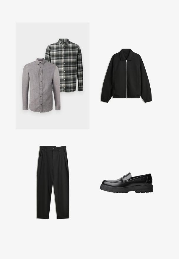 Czarna kurtka z teksturowanej tkaniny, z pełnym zamkiem z przodu, kołnierzem i elastycznymi mankietami, o luźnym kroju i kieszeniach po bokach.; Dwie koszule z długim rękawem zapinane na guziki, jedna gładka szara, a druga w czarno-białą kratę, zaprezentowane na jednolitym białym tle.; Czarne bawełniane spodnie o luźnym kroju, z klasycznym pasem, przednimi plisy oraz bocznymi kieszeniami. Gładka struktura, bez wzorów.; Czarne skórzane mokasyny z grubą, bieżnikowaną podeszwą i dekoracyjnym paskiem na górze, pokazane w lewym profilu na białym tle.