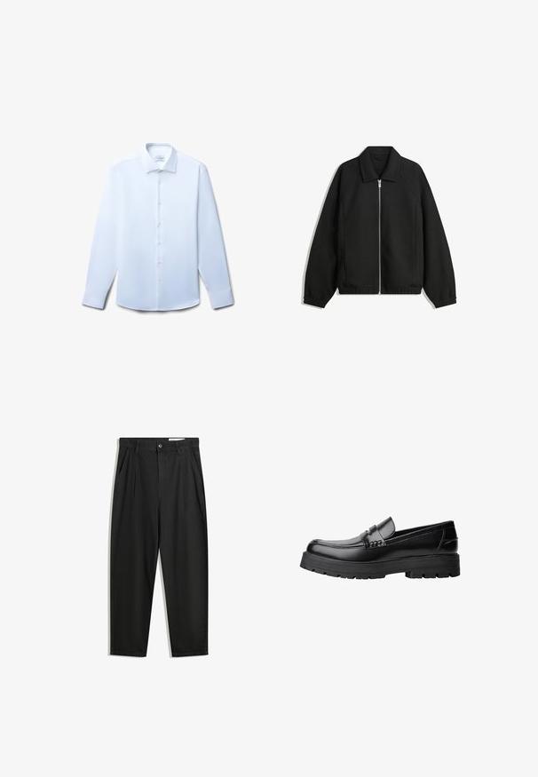 Schwarze Jacke aus strukturiertem Stoff, mit vollem Reißverschluss auf der Vorderseite, Kragen und elastischen Manschetten, im entspannten Schnitt und mit seitlichen Taschen.; Weißes langärmliges Hemd mit Knopfleiste und spitzem Kragen, auf einem weißen Hintergrund flach ausgelegt.; Schwarze Baumwollhose mit lockerem Schnitt, ausgestattet mit einem klassischen Bund, vorderen Falten und Seiten taschen. Glatte Textur ohne Muster.; Schwarzer Lederloafer mit grobem, rutschfestem Sohlenprofil und dekorativem Riemen über der Oberseite, seitlich links auf weißem Hintergrund abgebildet.