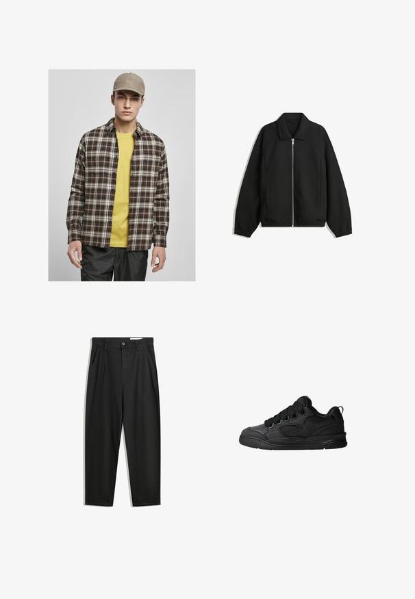 Zwarte jas van textuurstof, met een volledige rits aan de voorkant, een kraag, elastische manchetten, een ontspannen pasvorm en zijzakken.; Urban Classics ROOTS - Overhemd - darkground/warmsand; Zwarte katoenen broeken met een losse pasvorm, voorzien van een klassieke tailleband, voorplooien en zijzakken. Gladde structuur zonder patronen.; Zwarte sneakers met een gestructureerde bovenkant, voorzien van veters, mesh-details voor ademend vermogen, een gevoerd kraagje en een stevige zool.