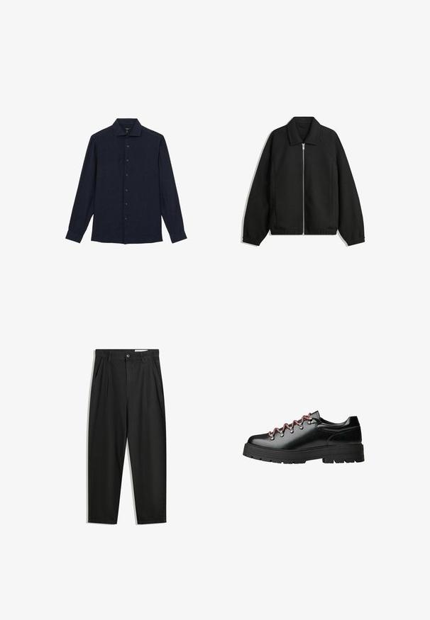 Svart jacka i strukturerad tyg, med full dragkedja framtill, krage och elastiska muddar, med en avslappnad passform och sidofickor.; Reiss REGULAR FIT - RUBAN BUTTON-THROUGH - Skjorta - navy; Svarta bomullsshorts med avslappnad passform, med en klassisk midja, framveck och sidfickor. Slät textur utan mönster.; Svart läderskohyra med röda och vita snören, stora öglor och en kraftig sål med mönstring för grepp och stabilitet.