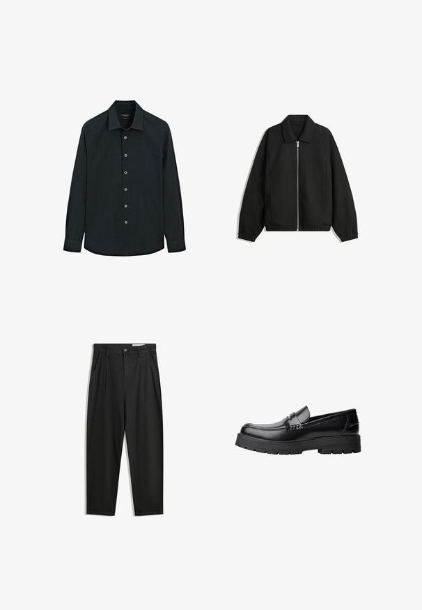 Schwarze Jacke aus strukturiertem Stoff, mit vollem Reißverschluss auf der Vorderseite, Kragen und elastischen Manschetten, im entspannten Schnitt und mit seitlichen Taschen.; Schwarzes langärmliges Hemd mit Knopfverschluss und Kragen, sieben Knöpfe auf der Vorderseite und Manschetten, auf weißem Hintergrund präsentiert.; Schwarze Baumwollhose mit lockerem Schnitt, ausgestattet mit einem klassischen Bund, vorderen Falten und Seiten taschen. Glatte Textur ohne Muster.; Schwarzer Lederloafer mit grobem, rutschfestem Sohlenprofil und dekorativem Riemen über der Oberseite, seitlich links auf weißem Hintergrund abgebildet.