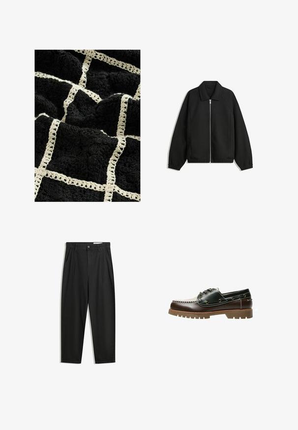 Črna jakna iz teksturirane tkanine, z dvostranskim zadrgo spredaj, ovratnikom in elastičnimi manšeti, sproščenega kroja in stranskimi žepi.; Črna teksturirana odeja z wovanjem v kremni barvi, ki prikazuje mrežni vzorec, z dvignjenimi cvetličnimi motivi in mehkimi, puhastimi zaključki.; Črne bombažne hlače s sproščenim krojem, ki vključujejo klasičen pas, sprednje gube in stranske žepke. Gladka tekstura brez vzorcev.; Rjave in zelene usnjene čolnarske čevlje s belim šivom, okroglicami in teksturirano gumijasto podplatko. Trajna izdelava z kovinskimi očesi.
