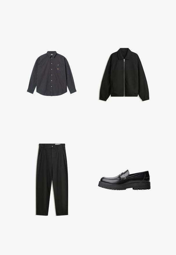 Svart jacka i strukturerad tyg, med full dragkedja framtill, krage och elastiska muddar, med en avslappnad passform och sidofickor.; Mörkblå långärmad skjorta med smala vertikala ränder i ljusblått och orange, knäppt krage, en bröstficka och broderad logotyp.; Svarta bomullsshorts med avslappnad passform, med en klassisk midja, framveck och sidfickor. Slät textur utan mönster.; Svart läderloafer med kraftig mönstrad sula och dekorativ rem över framtill, visad i vänster sidoprofil på vit bakgrund.
