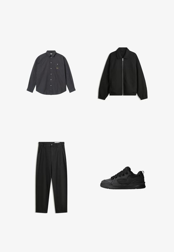 Veste noire en tissu texturé, dotée d'une fermeture éclair sur toute la longueur, d'un col et de poignets élastiques avec une coupe décontractée et des poches latérales.; Chemise à manches longues bleu marine avec de fines rayures verticales bleu clair et orange, col à boutons, poche poitrine unique et logo brodé.; Pantalon en coton noir avec une coupe décontractée, dotés d'une taille classique, de plis à l'avant et de poches latérales. Texture lisse sans motifs.; Baskets noires avec une tige texturée, dotées de lacets, d'accents en mesh pour la respirabilité, d'un col rembourré et d'une semelle extérieure robuste.