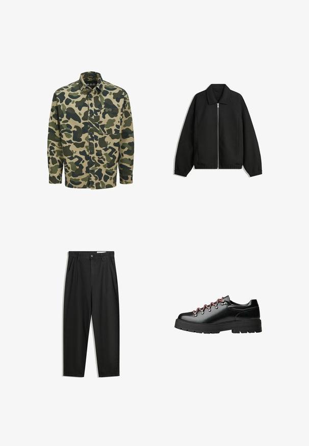 Schwarze Jacke aus strukturiertem Stoff, mit vollem Reißverschluss auf der Vorderseite, Kragen und elastischen Manschetten, im entspannten Schnitt und mit seitlichen Taschen.; Camo-Hemd mit beigem Grundton und grünen sowie dunkelgrünen abstrakten Formen, langen Ärmeln, vorderem Knopfverschluss und einer Brusttasche.; Schwarze Baumwollhose mit lockerem Schnitt, ausgestattet mit einem klassischen Bund, vorderen Falten und Seiten taschen. Glatte Textur ohne Muster.; Schwarzer Lederschnürschuh für Wanderungen mit roten und weißen Schnürsenkeln, großen Ösen und einer groben, profilierten Sohle für Grip und Stabilität.
