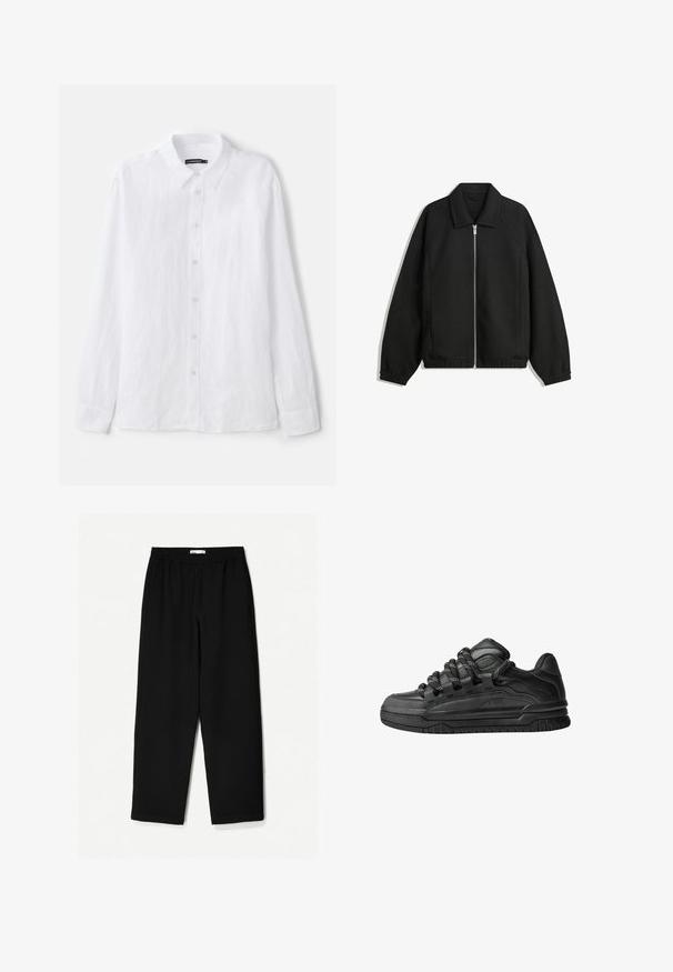 Černá bunda vyrobená z texturované látky, s plným předním zipem, límcem a elastickými manžetami, s volným střihem a bočními kapsami.; Bílá košile s dlouhým rukávem a knoflíkovým zapínáním vyrobená z texturované látky. Obsahuje klasický límeček a zapínání s knoflíky, které jsou malé a kulaté.; Černé kalhoty s širokými nohavicemi vyrobené z lehkého materiálu. Mají elastický pas a hladkou texturu. Bez viditelných vzorů nebo kovových detailů.; Černé tenisky s hladkým koženým svrškem, texturovanými akcenty a kulatými černobílými tkaničkami. Silná gumová podrážka s vzorovaným dezénem.