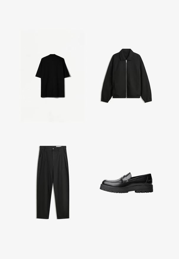 Musta takki, joka on valmistettu teksturoidusta kankaasta ja jossa on koko etuvetoketju, kaulus ja joustavat hihansuut. Takissa on rento istuvuus ja sivutaskut.; Musta lyhythihainen paita, jossa on rento istuvuus, teksturoitu kangas ja kaulus. Takana on saumanlessa suunnittelu ilman näkyviä saumoja.; Mustat puuvillahousut rentoa mallia, joissa on klassinen vyötärö, etukangastukset ja sivutaskut. Sileä pinta ilman kuvioita.; Musta nahkainen loaferi, jossa on paksu urheilupohja ja koristeellinen hihna yläpääkkeellä, esitettynä vasemman sivuprofiilin kuvassa valkoista taustaa vasten.