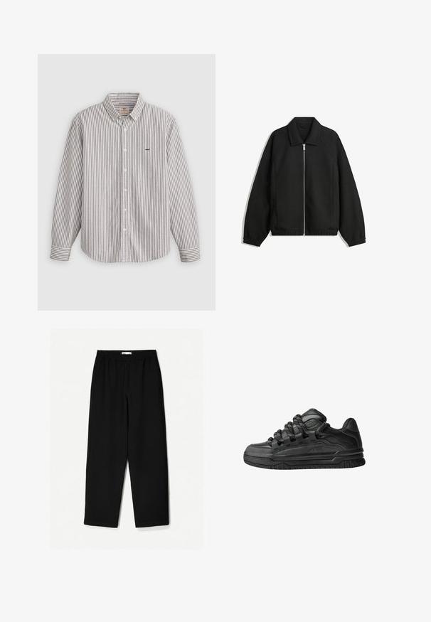 Černá bunda vyrobená z texturované látky, s plným předním zipem, límcem a elastickými manžetami, s volným střihem a bočními kapsami.; Pruhovaná košile s dlouhým rukávem ve světle šedé a bílé barvě, vyrobená z bavlněného materiálu, s límečkem na knoflíky a vyšitým logem na hrudi.; Černé kalhoty s širokými nohavicemi vyrobené z lehkého materiálu. Mají elastický pas a hladkou texturu. Bez viditelných vzorů nebo kovových detailů.; Černé tenisky s hladkým koženým svrškem, texturovanými akcenty a kulatými černobílými tkaničkami. Silná gumová podrážka s vzorovaným dezénem.