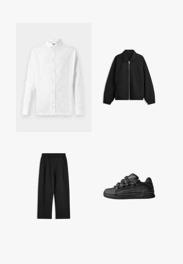 Schwarze Jacke aus strukturiertem Stoff, mit vollem Reißverschluss auf der Vorderseite, Kragen und elastischen Manschetten, im entspannten Schnitt und mit seitlichen Taschen.; Weißes langärmliges Hemd aus Baumwolle mit dezentem eingewebtem Muster, Knopfkragen und vorderer Knopfverschluss.; Schwarze weite Hose mit elastischem Bund und seitlichen Taschen, flach auf einem weißen Hintergrund präsentiert.; Schwarze Sneakers mit einem glatten Leder-Obermaterial, strukturierten Akzenten und runden schwarz-weißen Schnürsenkeln. Dicke Gummisohle mit einem gemusterten Profil.