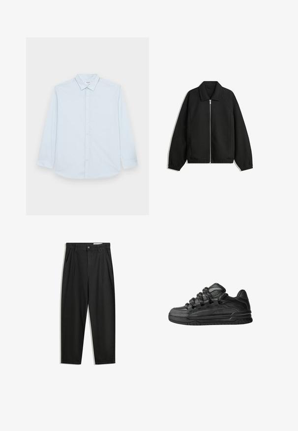 Zwarte jas van textuurstof, met een volledige rits aan de voorkant, een kraag, elastische manchetten, een ontspannen pasvorm en zijzakken.; Jack & Jones JJJOE PLAIN NOOS - Overhemd - cashmere blue; Zwarte katoenen broeken met een losse pasvorm, voorzien van een klassieke tailleband, voorplooien en zijzakken. Gladde structuur zonder patronen.; Zwarte sneakers met een glad leren bovenwerk, gearceerde accenten en ronde zwart-witte veters. Dikke rubberen zool met een geprofileerd loopvlak.