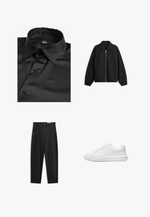 Fekete kabát texturált anyagból, teljes elöl cipzárral, gallérral és rugalmas mandzsettákkal, laza szabással és oldalsó zsebekkel.; Next EDIT LONG SLEEVE- REGULAR FIT - Ing - black; Fekete pamut nadrág laza szabással, klasszikus derékrésszel, elülső hajtásokkal és oldalsó zsebekkel. Simább textúra minta nélkül.; Fehér edzőcipő sima szintetikus felsőrész, kerek orr, lapos fűzők, texturált talp és réteges, platform dizájn a magasabb megjelenés érdekében.