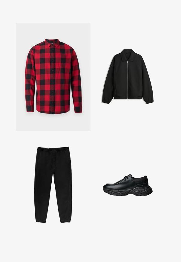 Musta takki, joka on valmistettu teksturoidusta kankaasta ja jossa on koko etuvetoketju, kaulus ja joustavat hihansuut. Takissa on rento istuvuus ja sivutaskut.; Punainen ja musta ruudullinen flanellikuvioinen paita, jossa on napillinen etuosa, pitkät hihat ja kaulus. Sisältää klassisen ruutukuosin.; Mustat joustavat vyötäröhousut, joissa on nyöri, kapenevat lahkeet, sivutaskut ja hienovaraiset sivustikkaukset. Pehmeä puuvillakangas.; Mustat nahkaiset liukujalkineet, joissa on pyöreä varvas ja paksu teksturoitu kumipohja. Ominaisuuksiin kuuluu hienovarainen ompelu ja joustavat yksityiskohdat kauluksessa.