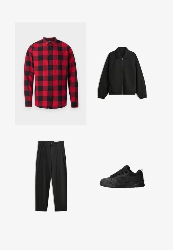 Giacca nera in tessuto texturizzato, con zip frontale a tutta lunghezza, colletto e polsini elasticizzati, dalla vestibilità rilassata e con tasche laterali.; Camicia di flanella a quadri rossi e neri con chiusura a bottoni, maniche lunghe e colletto. Presenta un classico motivo a tartan.; Pantaloni in cotone neri con una vestibilità rilassata, dotati di una vita classica, pieghe frontali e tasche laterali. Tessuto liscio senza fantasie.; Sneakers neri con una tomaia testurizzata, dotati di lacci, accenti in mesh per la traspirabilità, colletto imbottito e suola robusta.