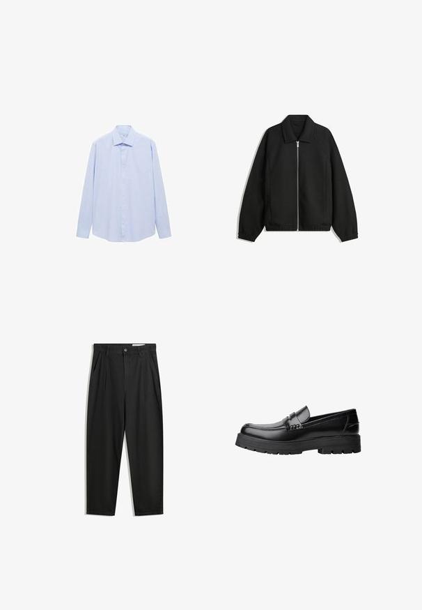 Musta takki, joka on valmistettu teksturoidusta kankaasta ja jossa on koko etuvetoketju, kaulus ja joustavat hihansuut. Takissa on rento istuvuus ja sivutaskut.; Vaaleansininen pitkähihaisen paidan, joka on valmistettu kudotusta kankaasta. Paidassa on klassinen kaulus ja täysipainike etuosa, suora leikkaus ja ilman kuvioita.; Mustat puuvillahousut rentoa mallia, joissa on klassinen vyötärö, etukangastukset ja sivutaskut. Sileä pinta ilman kuvioita.; Musta nahkainen loaferi, jossa on paksu urheilupohja ja koristeellinen hihna yläpääkkeellä, esitettynä vasemman sivuprofiilin kuvassa valkoista taustaa vasten.