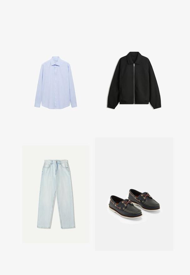 Zwarte jas van textuurstof, met een volledige rits aan de voorkant, een kraag, elastische manchetten, een ontspannen pasvorm en zijzakken.; Lichtblauw overhemd met lange mouwen van geweven stof, voorzien van een klassieke kraag en een volledige knoopsluiting, met een rechte snit en zonder patronen.; Lichtblauwe denim jeans met een relaxte pasvorm, recht model, vijf zakken en subtiele vervaging in de stof.; Marine leren botenschoenen met gele stiksels, rode veters en zilveren oogjes; ronde neus; witte rubberen zool.