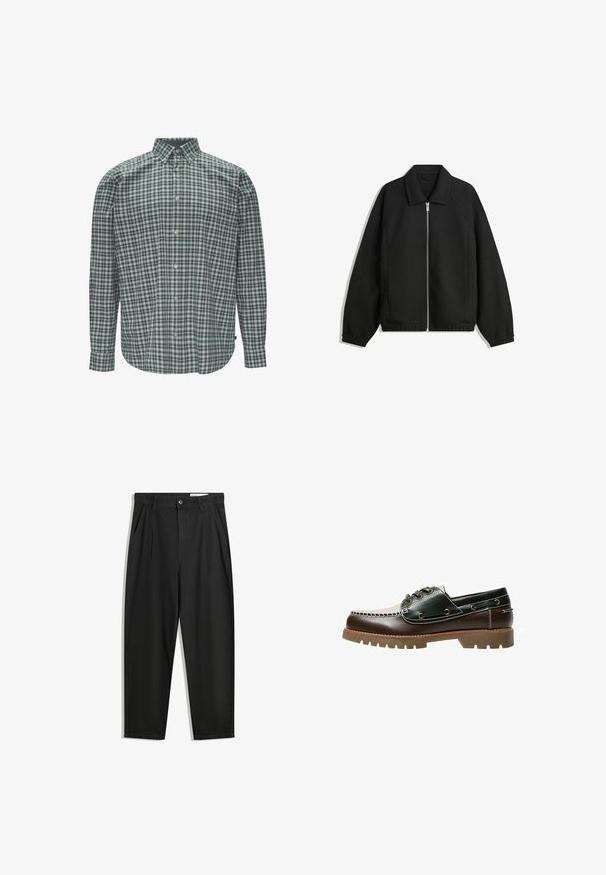 Schwarze Jacke aus strukturiertem Stoff, mit vollem Reißverschluss auf der Vorderseite, Kragen und elastischen Manschetten, im entspannten Schnitt und mit seitlichen Taschen.; Langärmliges Hemd mit Knöpfen in einem grünen und marineblauen Karomuster. Verfügt über einen klassischen Kragen und einen abgerundeten Saum. Baumwollstoff.; Schwarze Baumwollhose mit lockerem Schnitt, ausgestattet mit einem klassischen Bund, vorderen Falten und Seiten taschen. Glatte Textur ohne Muster.; Braune und grüne Lederbootsschuhe mit einem weißen gestickten Design, runden Schnürsenkeln und einer strukturierten Gummisohle. Robuste Bauweise mit Metallösen.