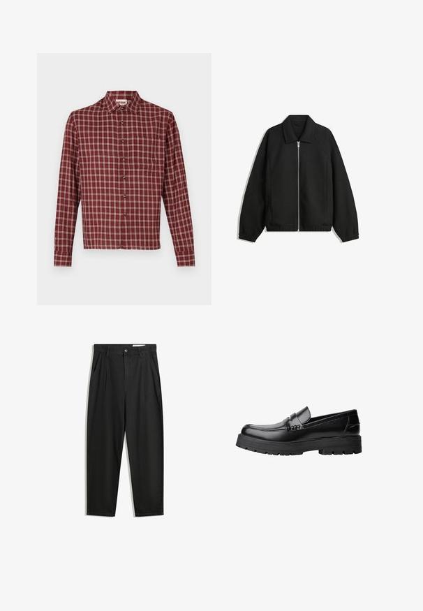 Crna jakna izrađena od teksturirane tkanine, s punim prednjim zatvaračem, ovratnikom i elastičnim manžetama, opuštenog kroja i bočnim džepovima.; Crvena karirana košulja dugih rukava s oštrom ovratnikom, zatvaranjem na gumbe i džepom na prsima. Materijal izgleda mekano s blagom teksturom.; Crne pamučne hlače s opuštenim krojem, s klasičnim pojasom, prednjim nabranjima i bočnim džepovima. Glatka tekstura bez uzoraka.; Crna kožna mokasina s debelim potplatima i dekorativnom trakom preko gornjeg dijela, prikazana u lijevom bočnom profilu na bijeloj pozadini.