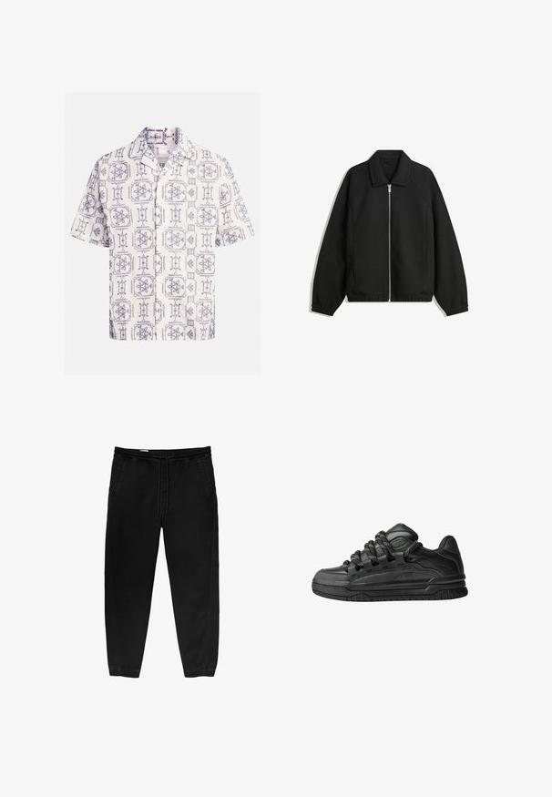 Schwarze Jacke aus strukturiertem Stoff, mit vollem Reißverschluss auf der Vorderseite, Kragen und elastischen Manschetten, im entspannten Schnitt und mit seitlichen Taschen.; Kurzarmhemd in Creme und Marineblau, mit einem durchgehenden Muster aus floralen und geometrischen Designs, einem ausgeschnittenen Kragen und vorderen Knöpfen.; Schwarze Hose mit elastischem Bund und Kordelzug, tapered Beinen, Seitentaschen und subtilen seitlichen Stickdetails. Weicher Baumwollstoff.; Schwarze Sneakers mit einem glatten Leder-Obermaterial, strukturierten Akzenten und runden schwarz-weißen Schnürsenkeln. Dicke Gummisohle mit einem gemusterten Profil.