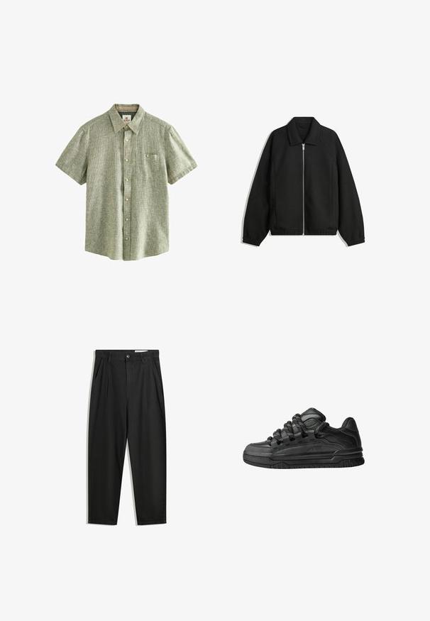 Musta takki, joka on valmistettu teksturoidusta kankaasta ja jossa on koko etuvetoketju, kaulus ja joustavat hihansuut. Takissa on rento istuvuus ja sivutaskut.; Next SHORT SLEEVE - Vapaa-ajan kauluspaita - green; Mustat puuvillahousut rentoa mallia, joissa on klassinen vyötärö, etukangastukset ja sivutaskut. Sileä pinta ilman kuvioita.; Mustat tennarit, joissa on sileä nahkapinta, teksturoituja yksityiskohtia ja pyöreät musta-valkoiset nauhat. Paksu kumipohja, jossa on kuvioitu pinta.