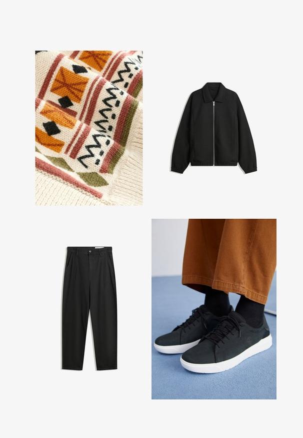 Svart jacka i strukturerad tyg, med full dragkedja framtill, krage och elastiska muddar, med en avslappnad passform och sidofickor.; Stickad filt med en krämfärgad bas och geometriska mönster i terrakotta, grön och svart, vilket ger textur genom sin vävda design.; Svarta bomullsshorts med avslappnad passform, med en klassisk midja, framveck och sidfickor. Slät textur utan mönster.; Svarta mockaskor med vita gummisålar, med snörning, texturerade detaljer och subtil branding, kombinerade med bruna byxor.