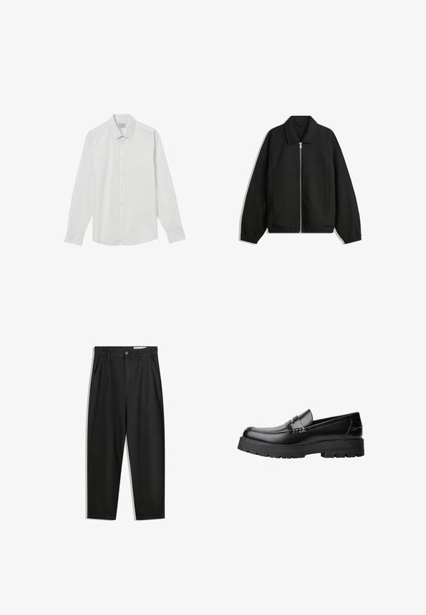 Veste noire en tissu texturé, dotée d'une fermeture éclair sur toute la longueur, d'un col et de poignets élastiques avec une coupe décontractée et des poches latérales.; Chemise blanche à manches longues en tissu léger, dotée d'un col classique, d'un bouton devant et de poignets à un bouton.; Pantalon en coton noir avec une coupe décontractée, dotés d'une taille classique, de plis à l'avant et de poches latérales. Texture lisse sans motifs.; Mocassin en cuir noir avec semelle épaisse à motifs et une sangle décorative sur le dessus, présenté en profil sur le côté gauche sur fond blanc.