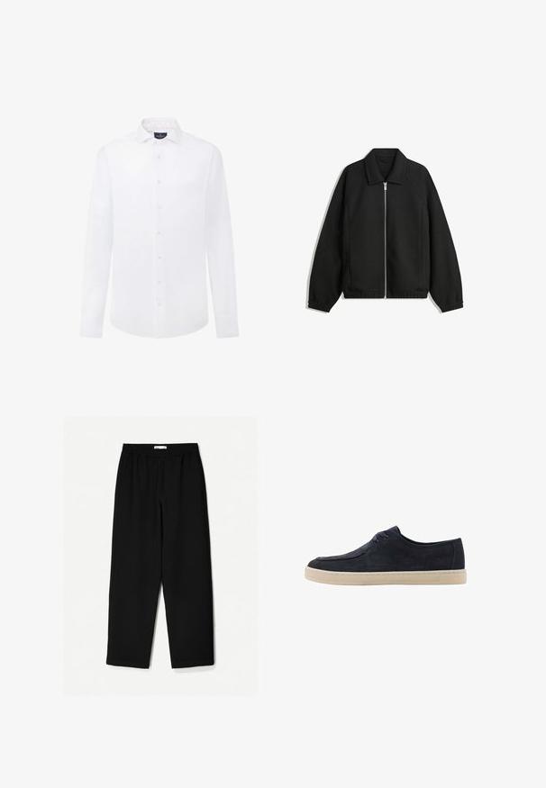 Zwarte jas van textuurstof, met een volledige rits aan de voorkant, een kraag, elastische manchetten, een ontspannen pasvorm en zijzakken.; Witte overhemd met lange mouwen van katoen, met een button-down kraag, knopen aan de voorkant en een subtiel logo op de borst. Glad textuur.; Zwarte, wijde broek van een lichtgewicht stof. Voorzien van een elastische tailleband en een soepele textuur. Geen zichtbare patronen of hardware.; Marineblauwe suède schoen met een ronde neus, twee oogjes voor veters en een crèmekleurige rubberen zool. Glad aanvoelend en minimalistisch ontwerp.