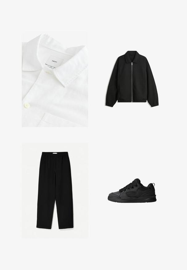 Sort jakke lavet af struktureret stof, med fuld frontlynlås, krave og elastiske mansjetter, i en afslappet pasform og sidelommer.; Hvid linnedskjorte med spids krave, en enkelt knaplukning og en brystlomme. Etiket læser "NEXT," størrelse M. Blød tekstur.; Sorte, vidde ben bukser lavet af et let stof. Har en elastisk talje og en glat tekstur. Ingen synlige mønstre eller hardware.; Sorte sneakers med en struktureret overdel, som har snørebånd, meshdetaljer for åndbarhed, polstret krave og en robust ydersål.