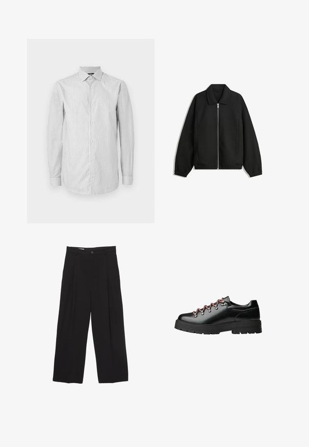 Zwarte jas van textuurstof, met een volledige rits aan de voorkant, een kraag, elastische manchetten, een ontspannen pasvorm en zijzakken.; Gestreepte langarm overhemd in wit en lichtgrijs, met kraag en knoopsluiting, voorzien van contrasterende gestreepte manchetten en een soepele textuur.; Zwarte wijde broek gemaakt van gladde stof, met een platte tailleband, voorplooien en een enkele knoopsluiting.; Zwarte leren wandelschoen met rode en witte veters, grote oogjes en een stevige, geribbelde zool voor grip en stabiliteit.