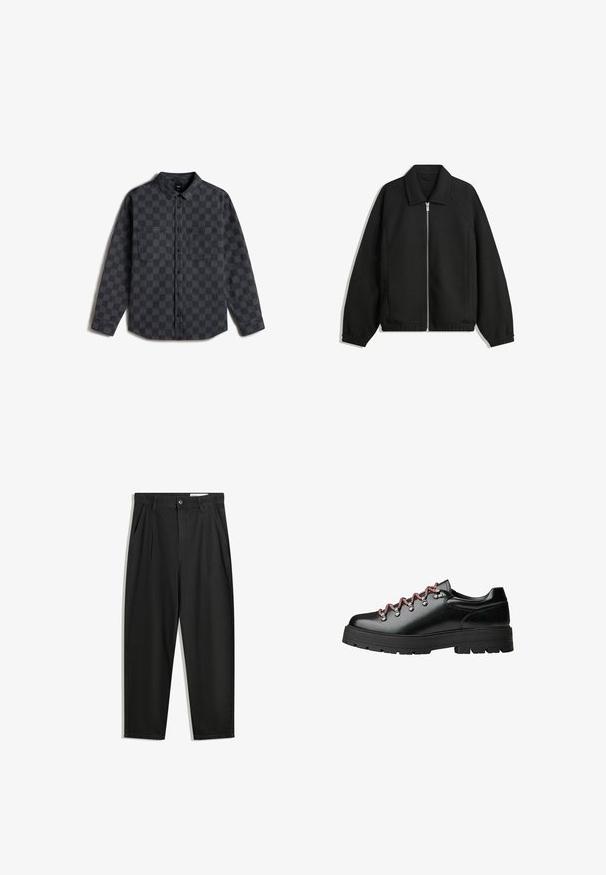 Černá bunda vyrobená z texturované látky, s plným předním zipem, límcem a elastickými manžetami, s volným střihem a bočními kapsami.; Šedá kostkovaná košile s dlouhým rukávem z denimu, s límečkem na knoflíky, dvěma náprsními kapsami a rovný lem.; Černé bavlněné kalhoty s uvolněným střihem, klasickým pasem, předními záhyby a bočními kapsami. Hladká textura bez vzorů.; Černá kožená turistická bota s červenými a bílými tkaničkami, velkými očky a silnou podešví se vzorkem pro lepší přilnavost a stabilitu.