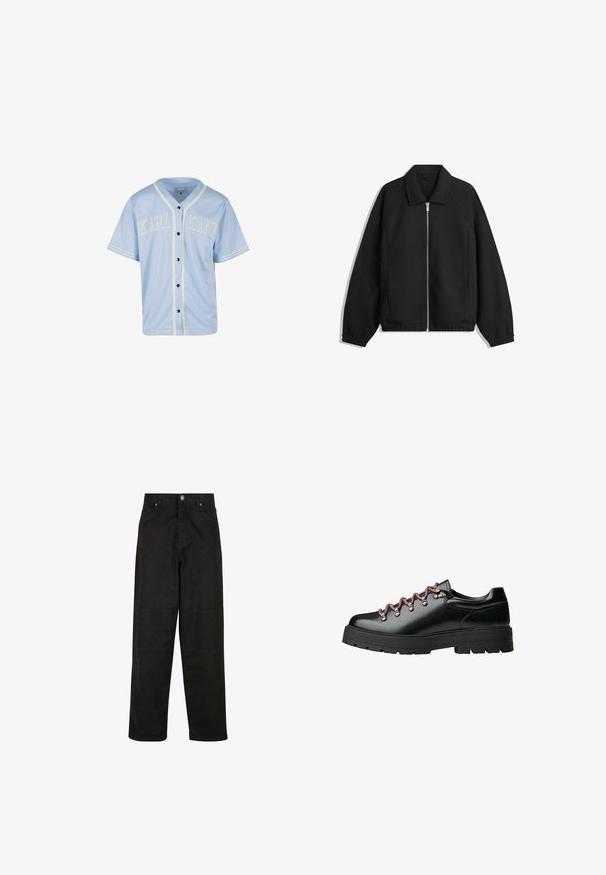 Čierna bunda vyrobená z textúrovaného materiálu, s plným predným zipsom, golierom a elastickými manžetami, so voľnejším strihom a bočnými vreckami.; Svetlo modrý baseballový dres z hladkej tkaniny. Obsahuje biele lemovanie a vyšívané nápisy "KARL KANI" na hrudi tučným písmom, čierne gombíky.; Čierne nohavice s širokými nohavicami z bavlny s hladkým povrchom, s dvoma prednými vreckami, zapínaním na gombík a rovnom strihom.; Čierna kožená turistická obuv so svojím podpisovým červeným a bielym šnurovaním, veľkými očkami a robustnou podrážkou s vrúbkovaním pre lepšiu priľnavosť a stabilitu.