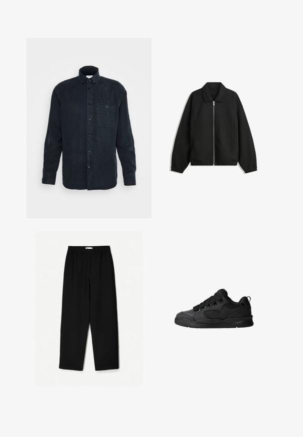 Crna jakna izrađena od teksturirane tkanine, s punim prednjim zatvaračem, ovratnikom i elastičnim manžetama, opuštenog kroja i bočnim džepovima.; Tamno plava košulja dugih rukava s dugim gumbima, izrađena od mekog pamuka, s jednim džepom na prsima i klasičnim dizajnom ovratnika.; Crne hlače širokih nogavica izrađene od laganog materijala. Imaju elastičnu traku u struku i glatku teksturu. Nema vidljivih uzoraka niti hardvera.; Crne tenisice s teksturiranim gornjim dijelom, sa vezicama, mrežastim detaljima za prozračnost, podstavljenim ovratnikom i čvrstim potplatima.